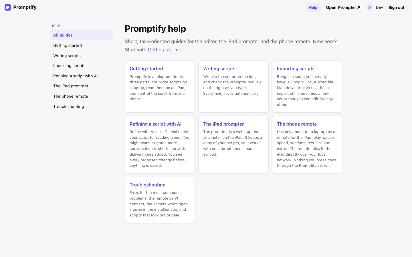 The help pages in the editor