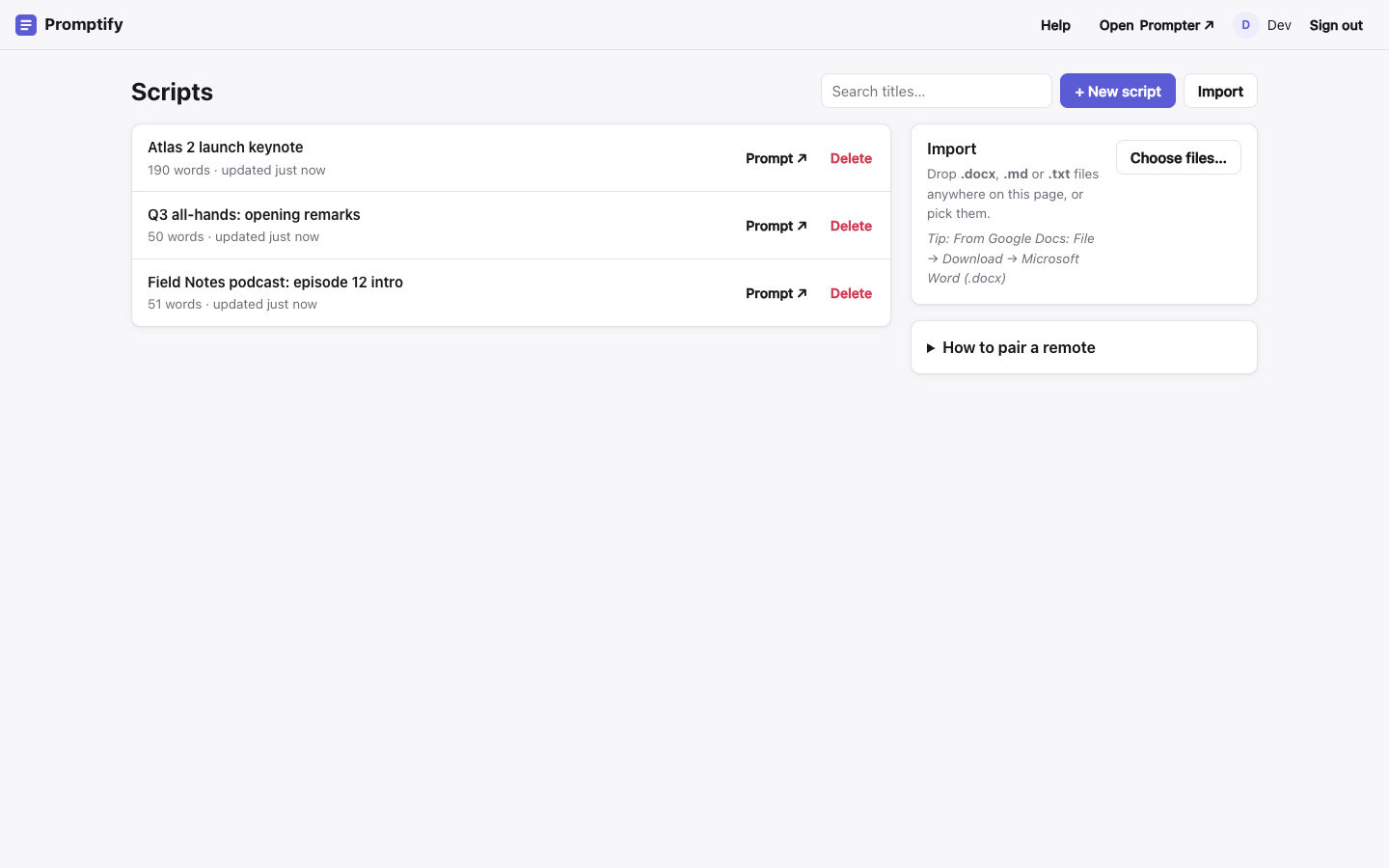 The editor library with three scripts, the Import panel and the pairing help