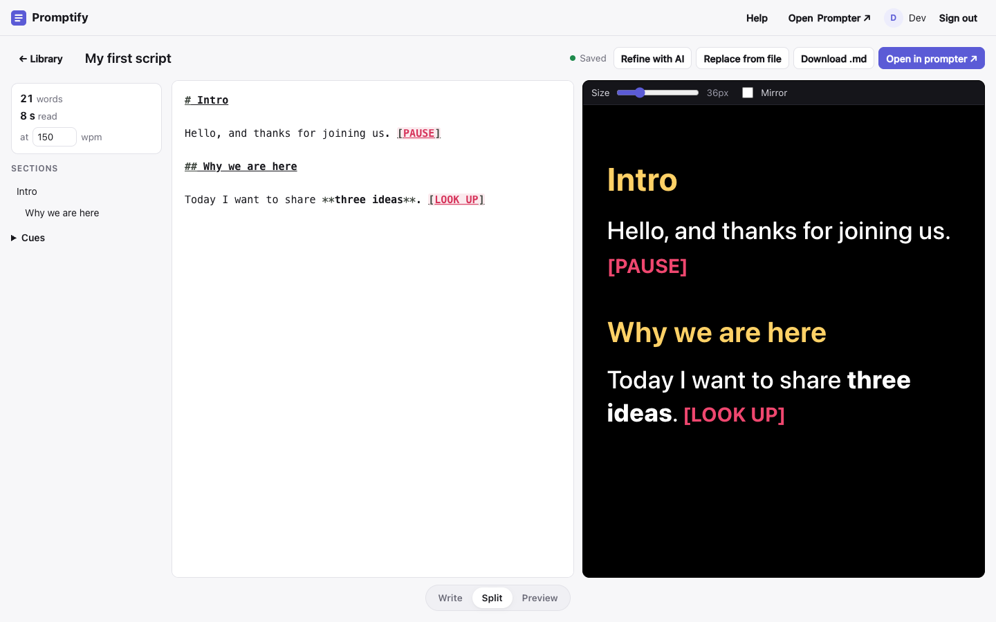 A new script being written, with the prompter preview on the right