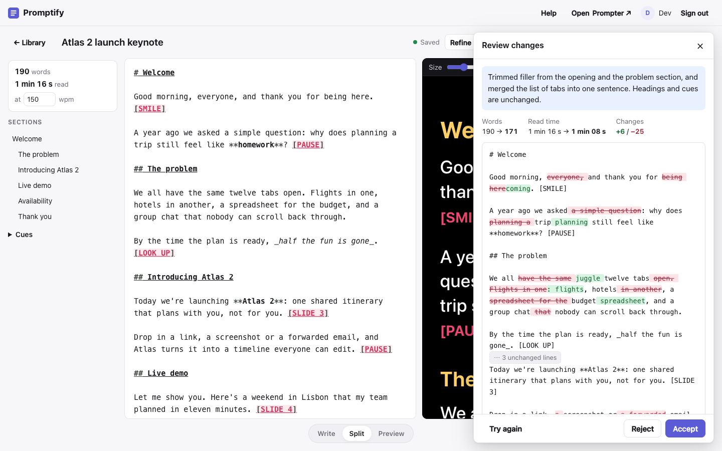 The Refine with AI panel showing the proposed changes as a word-level diff