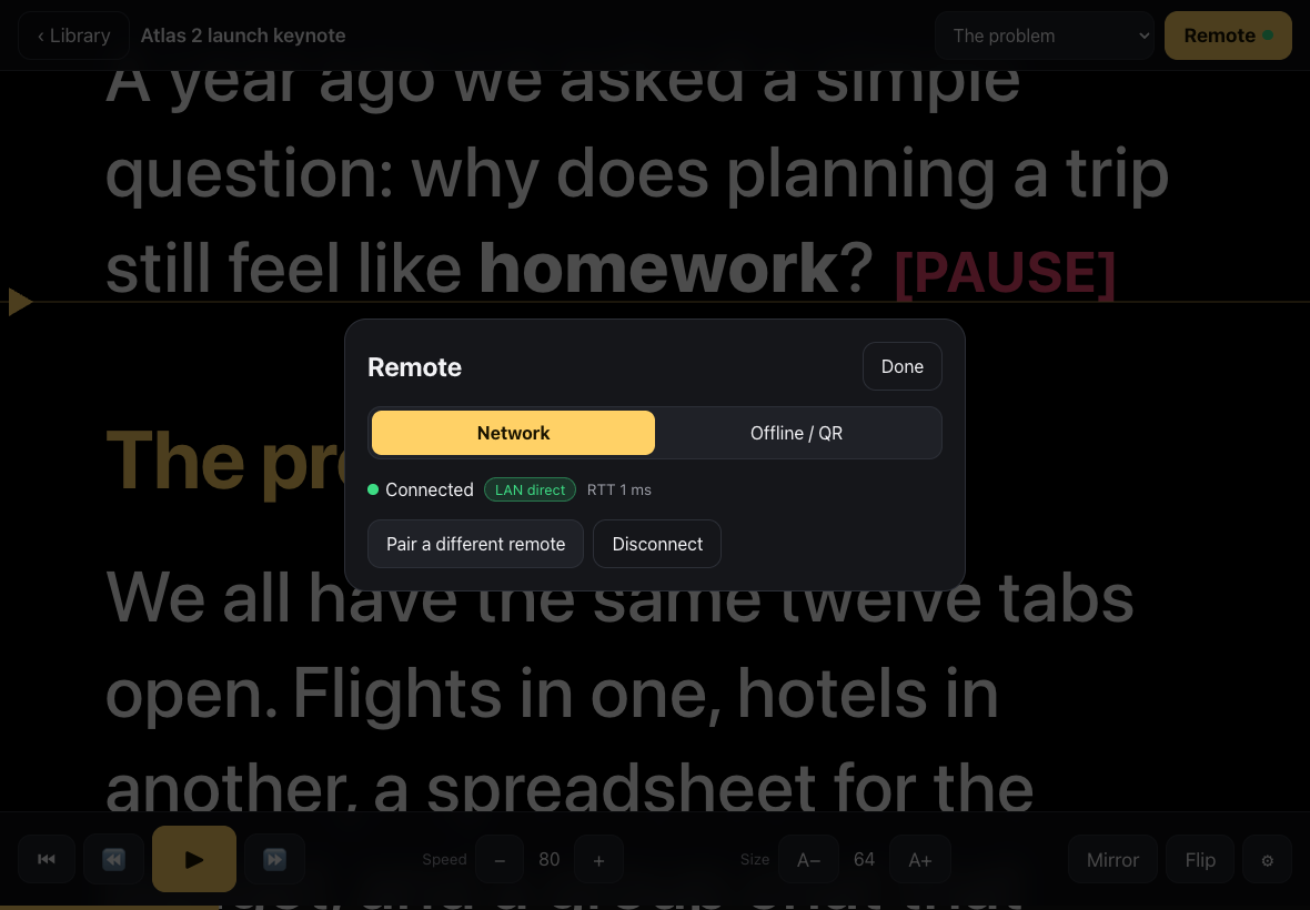 The Remote panel on the iPad once connected: Connected, LAN direct and the round-trip time