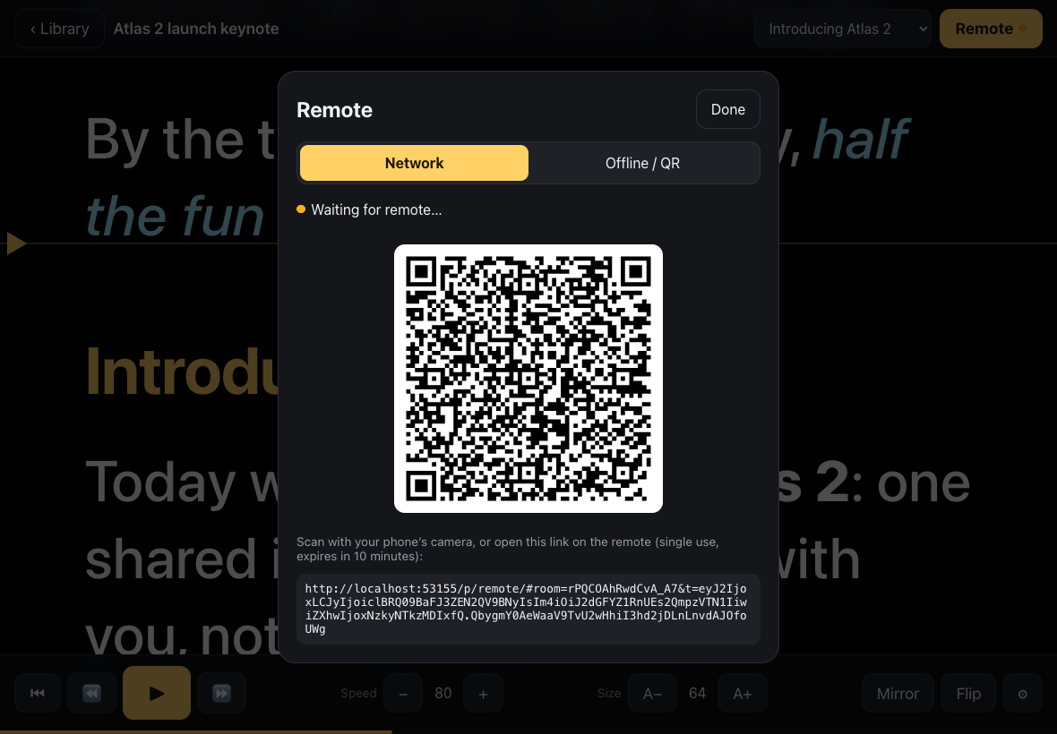 The Remote panel in Network mode: a QR code and a single-use link