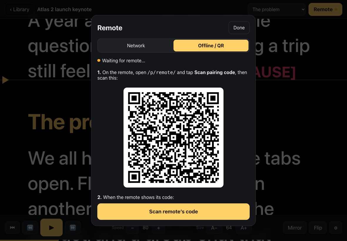 The Remote panel in Offline / QR mode: step 1 shows the iPad's code, step 2 the Scan remote's code button